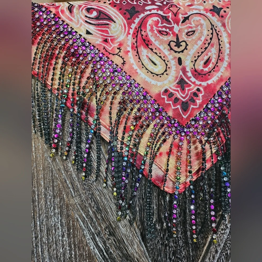 NWT Pink Colorful Fringe Bandana Wild Rag